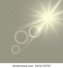 luz solar con reflexiones sobre un fondo transparente. Ilustración vectorial. gran estrella brillante de fondo transparente