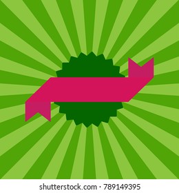 Sunlight retro background with pink ribbon frame for text. green color burst background. Vector template illustration. Sun beam ray background. 