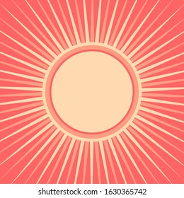 Sunlight retro background with round frame for text. pink adn peach color burst background. Vector template illustration. Sun beam ray background. Old paper. vintage style. 