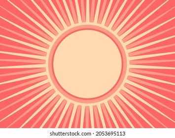 Sunlight retro background with round frame for text. pink adn peach color burst background. Vector template illustration. Sun beam ray background. Old paper. vintage style. 