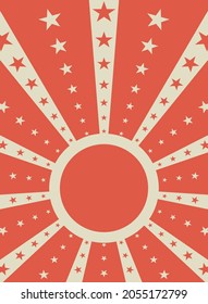 Sunlight retro background with round frame for text. Red and beige color burst background with stars. Retro Vector wallpaper. Magic Sun beam ray pattern background. Vintage rays poster or placard