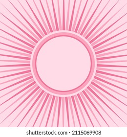 Sunlight retro background with round frame for text. Candy pink color burst background. Vector template illustration. Sun beam ray background. Old paper. vintage style. 