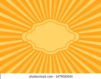 Sunlight retro background with vintage frame for text. Bright orange color burst background. Fantasy Vector illustration. Magic Sun beam ray pattern background. Old paper poster or placard
