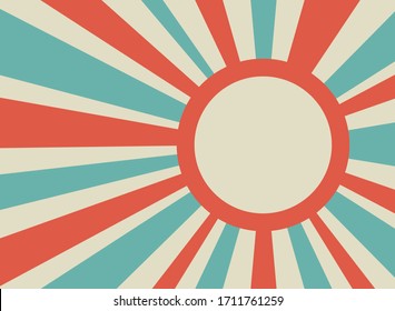 Sunlight retro background with vintage round frame for text. blue and beige color burst background. Retro Vector wallpaper. Magic Sun beam ray pattern background. Vintage rays poster or placard