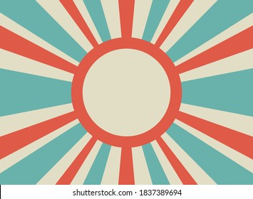 Sunlight retro background with vintage round frame for text. blue and beige color burst background. Retro Vector wallpaper. Magic Sun beam ray pattern background. Vintage rays poster or placard