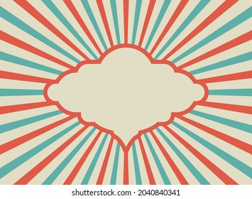 Sunlight retro background with vintage round frame for text. blue and beige color burst background. Retro Vector wallpaper. Magic Sun beam ray pattern background. Vintage rays poster or placard