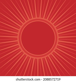 Sunlight retro background with vintage round frame for text. Red color burst background. Retro Vector wallpaper. Magic Sun beam ray pattern background. Vintage rays poster or placard