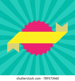 Sunlight retro background with yellow ribbon frame for text. blue color burst background. Vector template illustration. Sun beam ray background. 