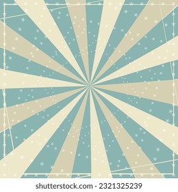 Sunlight retro circus template. Blue, ivory, beige color burst background