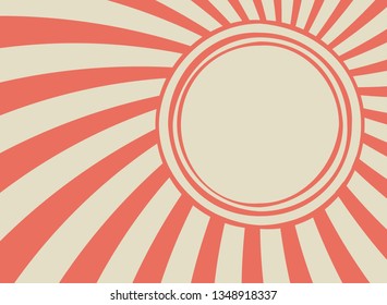 Sunlight retro faded background with shabby round frame for text. beige and red color burst background. Vector template illustration. Sun beam ray background. Old paper. vintage circus style. 