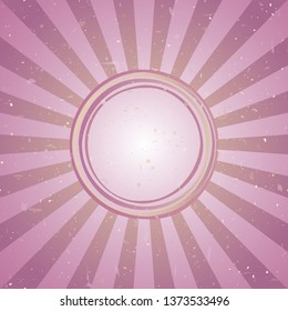 Sunlight retro faded background with shabby round frame for text. pink and purple color burst background. Vector template illustration. Sun beam ray background. Old paper. vintage style. 