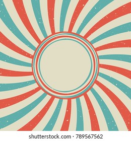 Sunlight retro faded background with shabby round frame for text. blue and red color burst background. Vector template illustration. Sun beam ray background. Old paper. vintage style. 