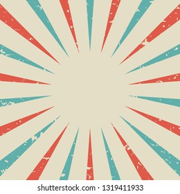 Sunlight retro faded background with spot for text. Pale red and beige color burst background. Fantasy Vector illustration. Magic Sun beam ray pattern background. Old paper starburst. 