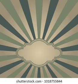 Sunlight retro faded background with vintage frame for text.  dark green and beige color burst background. Fantasy Vector illustration. Magic Sun beam ray pattern background. Old paper starburst. 