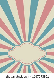Sunlight retro faded background with vintage frame for text. Pale red and beige color burst background. Fantasy Vector illustration. Magic Sun beam ray pattern background. Old paper poster or placard