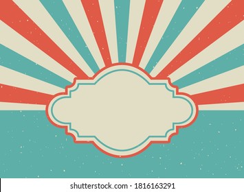 Sunlight retro faded background with vintage text frame. Red and beige color burst background. Fantasy Vector illustration. Magic Sun beam ray pattern background. Old carnival paper poster or placard