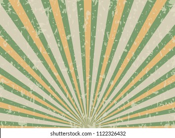 Sunlight retro faded grunge background. green and orange color burst background. Vector vintage illustration. Sun beam ray. Old speckled paper with particles of debris. Circus, karnival placard