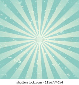 Sunlight retro faded grunge background. blue and turquoise color burst background. Vector illustration. Sun beam ray background. Old speckled paper with particles of debris. vintage style. 