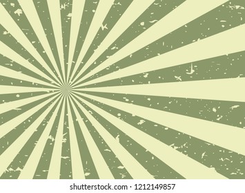 Sunlight retro faded grunge background. green and beige color burst background. Vector illustration. Sun beam ray background. Old speckled paper with particles of debris. vintage style. 