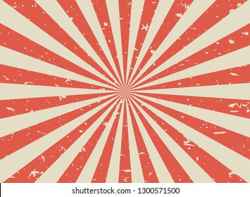 Sunlight retro faded grunge background. red and beige color burst background. Vector illustration. Sun beam ray background. Old speckled paper with particles of debris. vintage style. 
