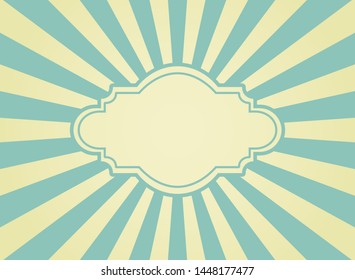 Sunlight retro faded grunge background with vintage frame for text. blue and beige color burst background. Vector illustration. Sun beam ray background. Old speckled paper with particles of debris.