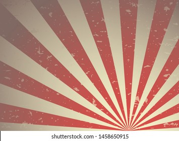 Sunlight retro faded grunge background. red and beige color burst background. Vector illustration. Sun beam ray background. Old speckled paper with particles of debris. vintage style. 