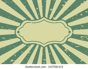 Sunlight retro faded grunge background with vintage frame for text. dirty green and beige color burst background. Vector illustration. Sun beam ray. Old speckled paper. Circus poster or placard