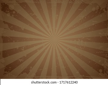 Sunlight retro faded grunge background. dark brown chocolate color burst background. Vector illustration. Sun beam ray background. Old speckled paper with particles of debris. vintage style. 