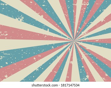 Sunlight retro faded grunge background. Faded red, blue beige color burst background. Vector illustration. Sun beam ray wallpaper. Old speckled paper with particles of debris. vintage circus poster