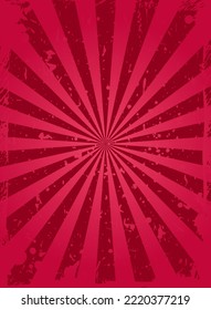 Sunlight retro faded grunge background. red color burst background. Vector illustration. Sun beam ray background. Old speckled paper with particles of debris. vintage style. Valentine backdrop