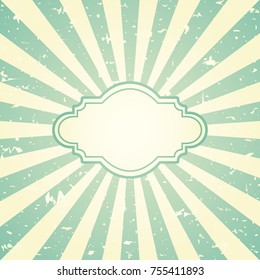 Sunlight retro faded grunge background with vintage frame for text. green and beige color burst background. Vector illustration. Sun beam ray background. Old speckled paper with particles of debris.