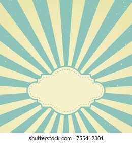 Sunlight retro faded grunge background with vintage frame for text. blue and beige color burst background. Vector illustration. Sun beam ray background. Old speckled paper with particles of debris.