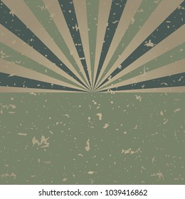 Sunlight retro faded grunge poster. dirty green and beige color burst background. Vector illustration. Sun beam ray background. Old speckled paper with particles of debris. vintage style. 