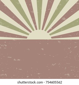 Sunlight retro faded grunge poster. green and brown color burst background. Vector illustration. Sun beam ray background. Old speckled paper with particles of debris. vintage style. 