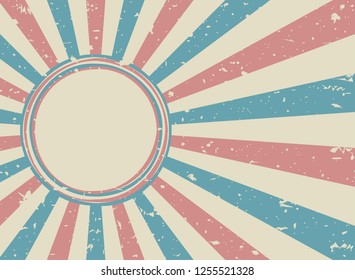 Sunlight retro faded wide background with shabby round frame for text. pale beige, red, blue color burst background. Vector template illustration. Sun beam ray background. Old paper. vintage style