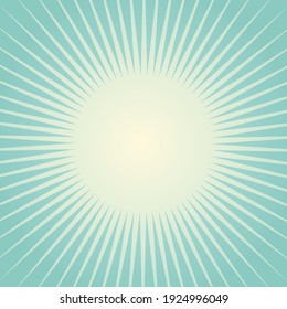 Sunlight retro faded wide background with round frame for text. turquoise and beige color burst background. Fantasy Vector illustration. Magic Sun beam ray pattern background. Old paper starburst