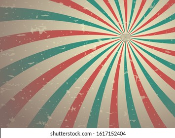 Sunlight retro grunge background. blue and red color burst background. Vector illustration. Sun beam ray background. Old speckled paper with particles of debris. vintage placard. Circus poster