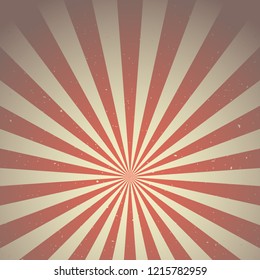 Sunlight retro grunge background. red and beige color burst background. Vector illustration. Sun beam ray background. Old speckled paper with particles of debris. vintage circus poster 
