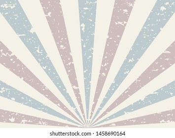 Sunlight retro grunge background. red and blue color burst backdrop. Vector illustration. Sun beam ray wallpaper. Old speckled paper with particles of debris. vintage circus poster or banner