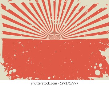 Sunlight retro grunge background. red and beige color burst backdrop. Vector illustration. Sun beam ray wallpaper. Old speckled paper with particles of debris. vintage circus poster or placard