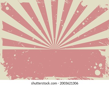 Sunlight retro grunge background. red and beige color burst backdrop. Vector illustration. Sun beam ray wallpaper. Old speckled paper with particles of debris. vintage circus poster or placard