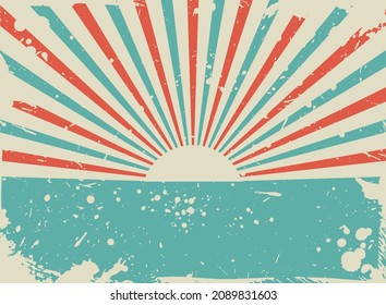 Sunlight retro grunge background. red and beige color burst backdrop. Vector illustration. Sun beam ray wallpaper. Old speckled paper with particles of debris. vintage circus poster or placard