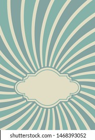Sunlight retro  grunge wallpaper with vintage frame for text. beige and blue burst background. Vector illustration. Sun beam ray poster. Old speckled paper with particles of debris. Circus placard