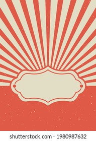 Sunlight retro grunge wallpaper with vintage frame for text. Beige and red burst background. Vector illustration. Sun beam ray poster. Old speckled scratched cpaper. Circus placard