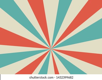 Sunlight retro horizontal asymmetric background. Pale red, blue, beige color burst background. Fantasy Vector illustration. Magic Sun beam ray pattern background. Old paper starburst. Circus poster