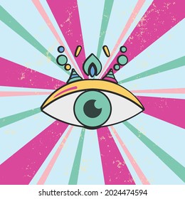 Sunlight retro horizontal background with mystic eye symbol. Fantasy Vector illustration. Magic Sun beam ray pattern background. For t shirt print, poster, sticker or other uses