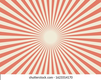 Sunlight retro horizontal background. Pale red and beige color burst background. Fantasy Vector illustration. Magic Sun beam ray pattern background. Old paper starburst. Circus poster or placard
