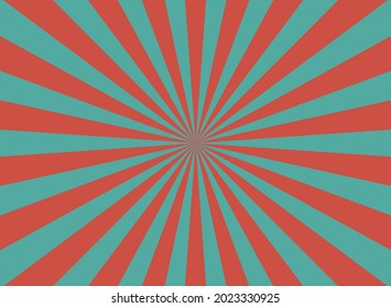 Sunlight retro horizontal background. Pale red and blue color burst background. Fantasy Vector illustration. Magic Sun beam ray pattern background. Old paper starburst. Circus poster or placard