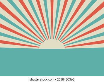 Sunlight retro horizontal background. Pale red, blue, beige color burst background. Vector illustration. Magic light, sun beam ray wallpaper. Old paper sunburst. Circus poster, placard