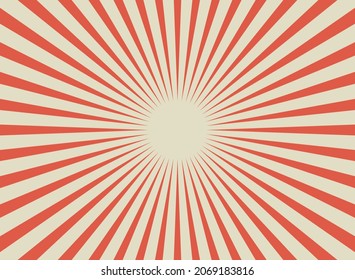 Sunlight retro horizontal background. Pale red and beige color burst background. Fantasy Vector illustration. Magic Sun beam ray pattern background. Old paper starburst. Circus poster or placard